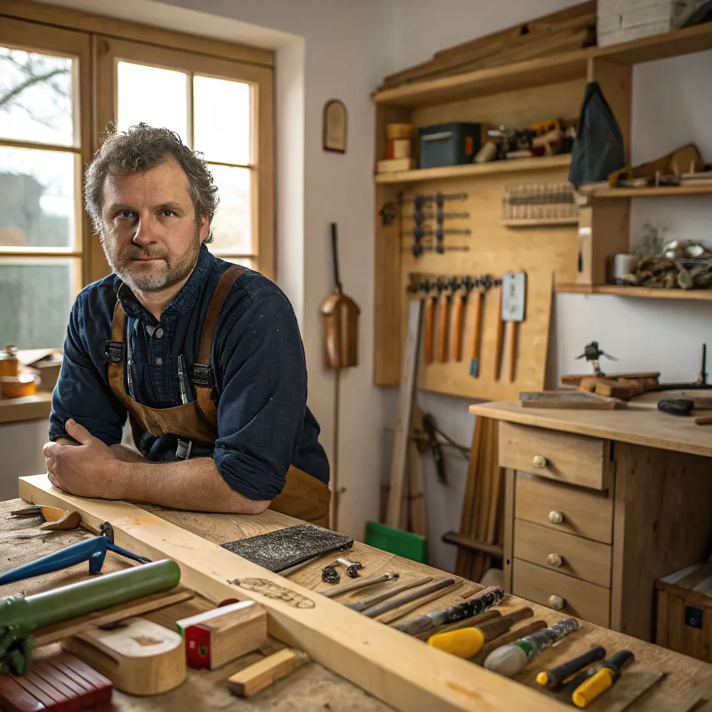Picture of Mike, a man in his workshop with crafting tools around