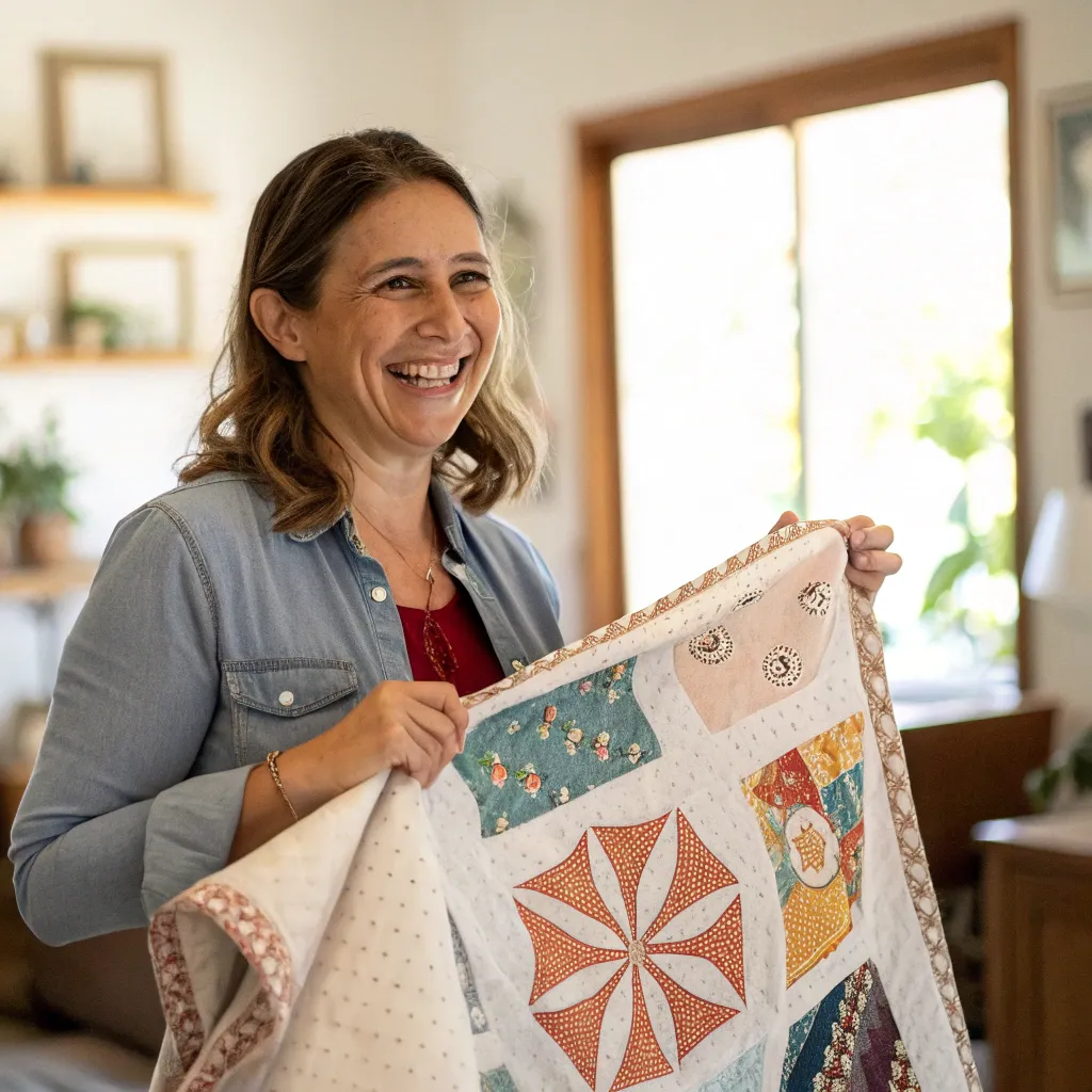 Picture of Alice, a smiling woman holding her crafted fabric piece