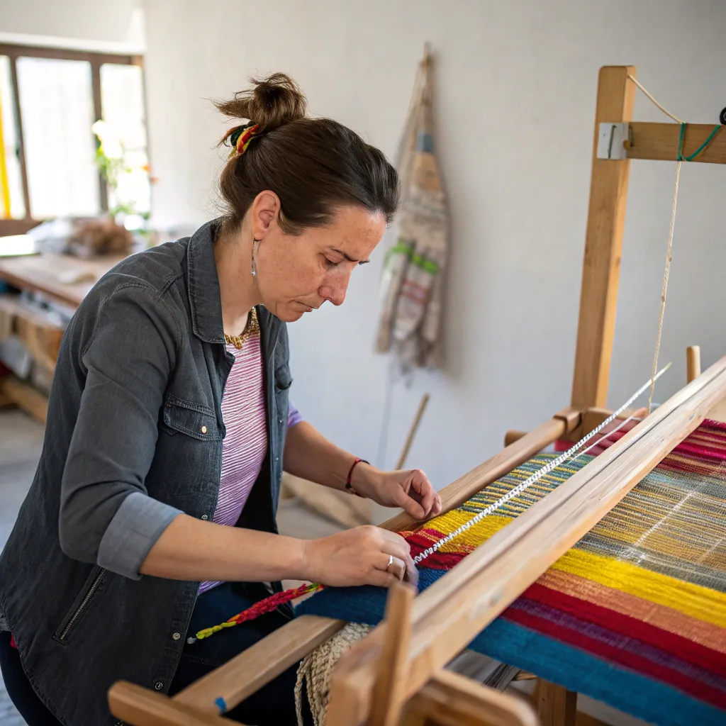 Picture of Kate, a woman weaving on a loom with colorful threads